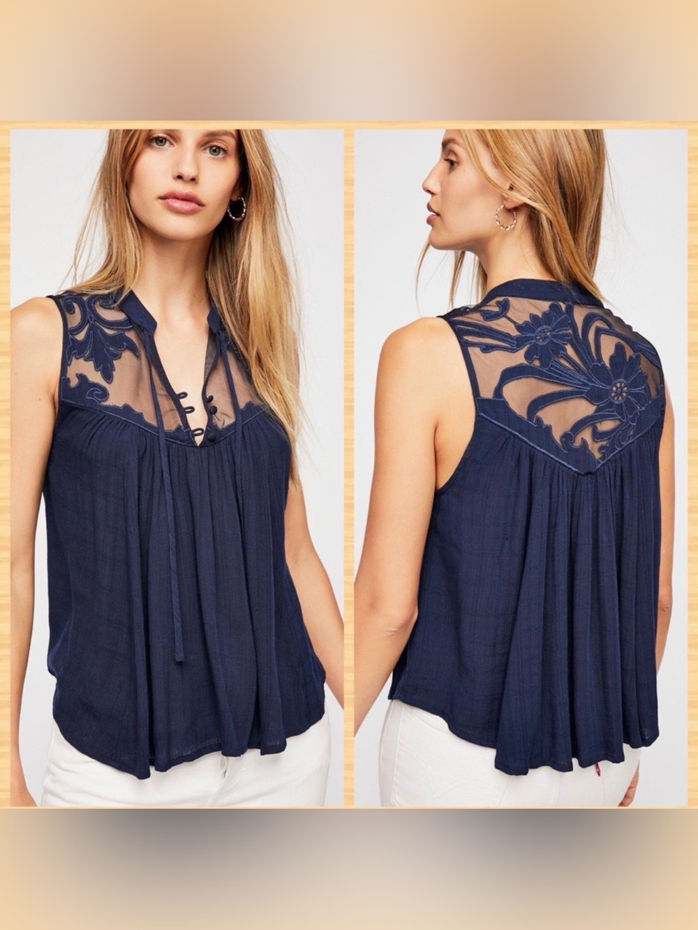 Free People Navy Floral Embroidered Sheer Yoke Tank